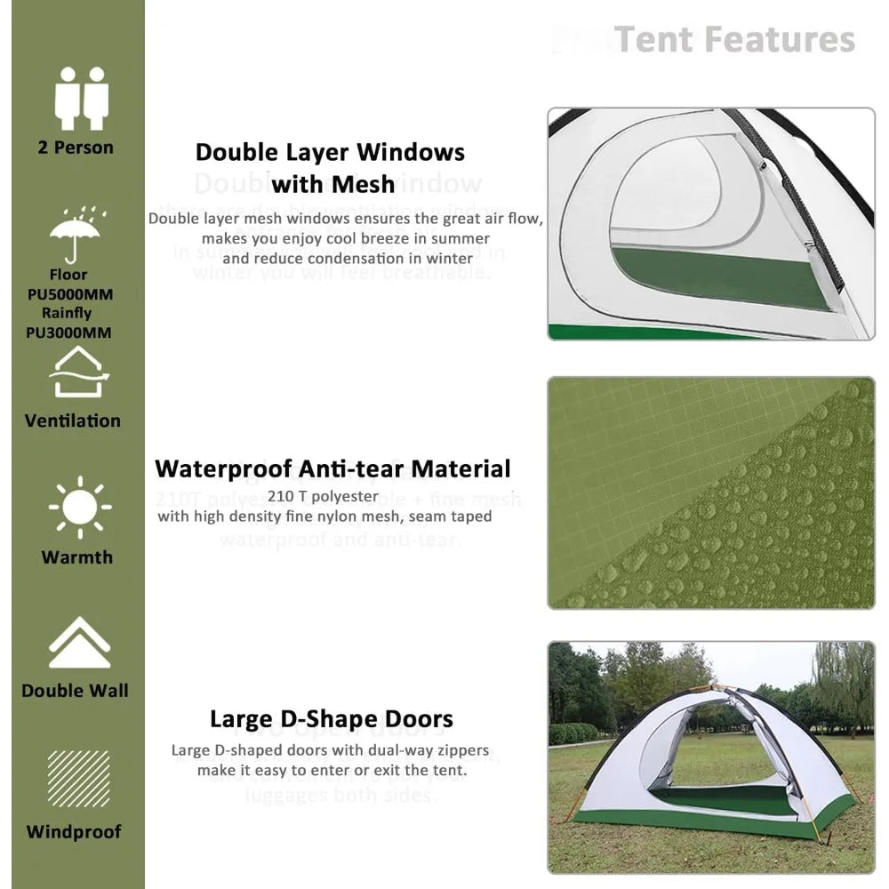 Ultralight 2Person Backpacking Tent 4 Season Waterproof Camping Tent Double Layer Cold Weather Easy Set Up Tents for Family Camp