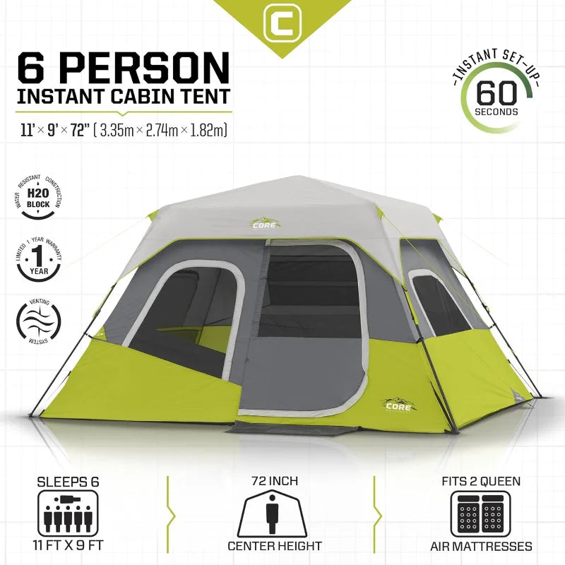 6 Person Instant Cabin Tent | Portable Large Pop Up Tent with Easy 60 Second Camp Setup for Family Camping